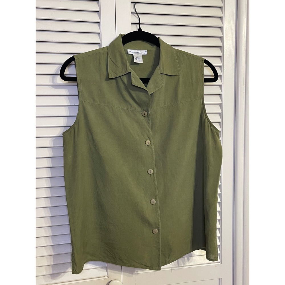 Anna and Frank 100% Silk Sleeveless Button Up Blouse Womens Size M Olive Green